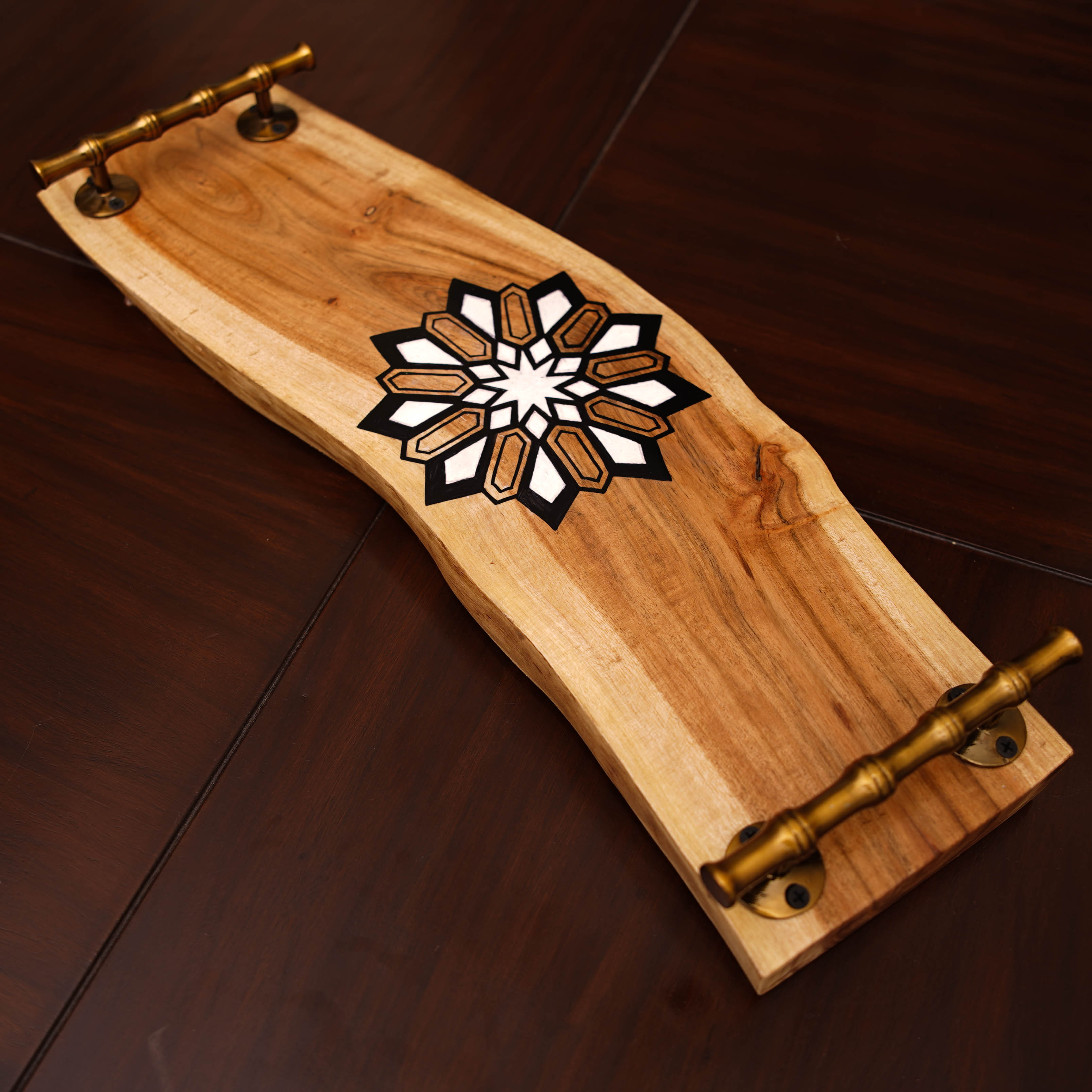 Geometric Hand-Painted Wooden Serving Tray with Brass Handles