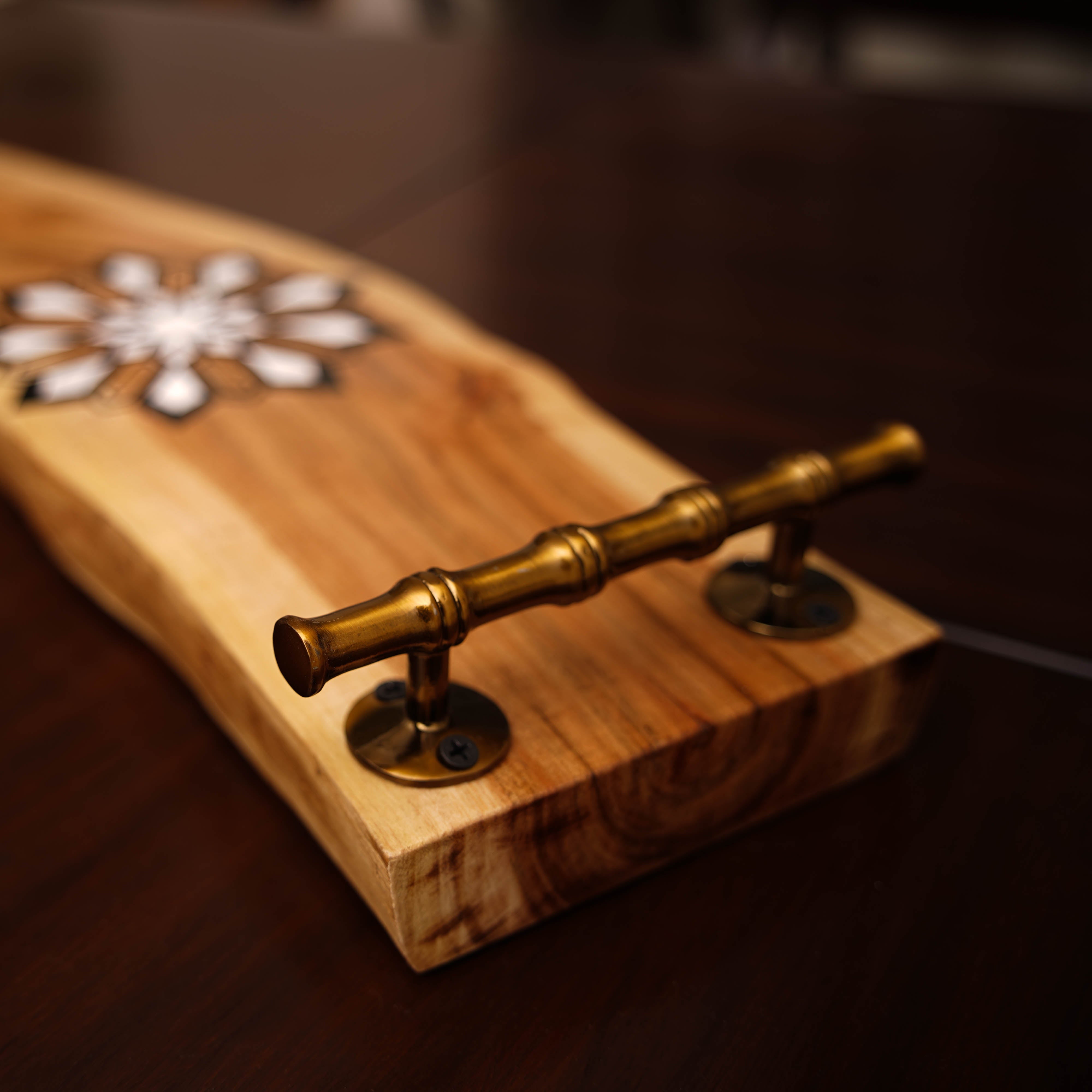 Geometric Hand-Painted Wooden Serving Tray with Brass Handles