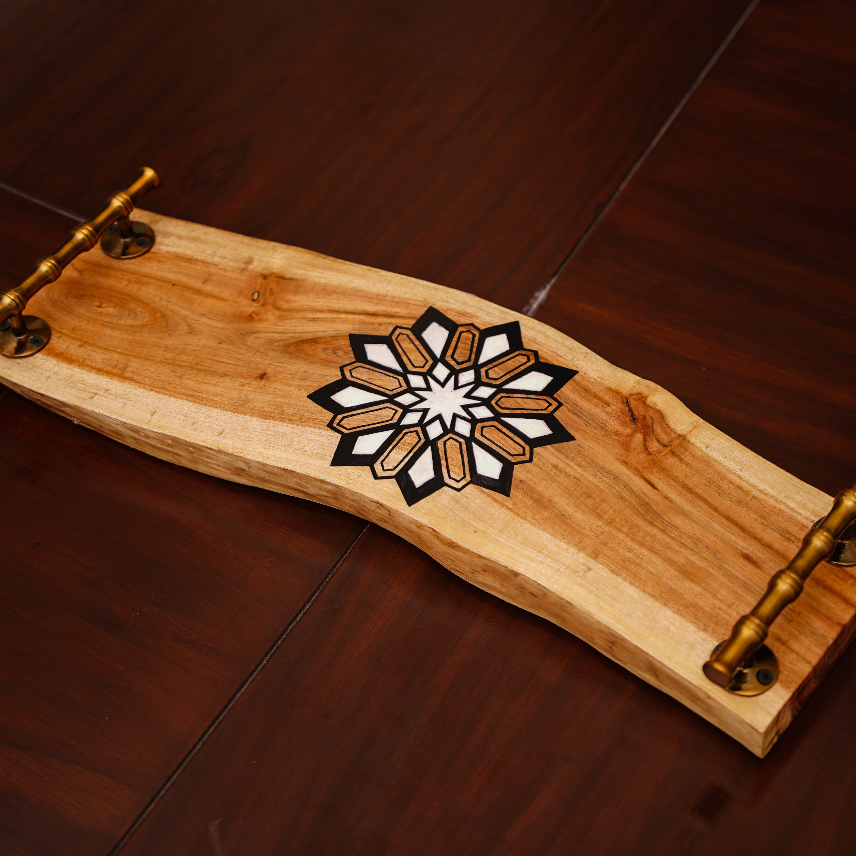 Geometric Hand-Painted Wooden Serving Tray with Brass Handles