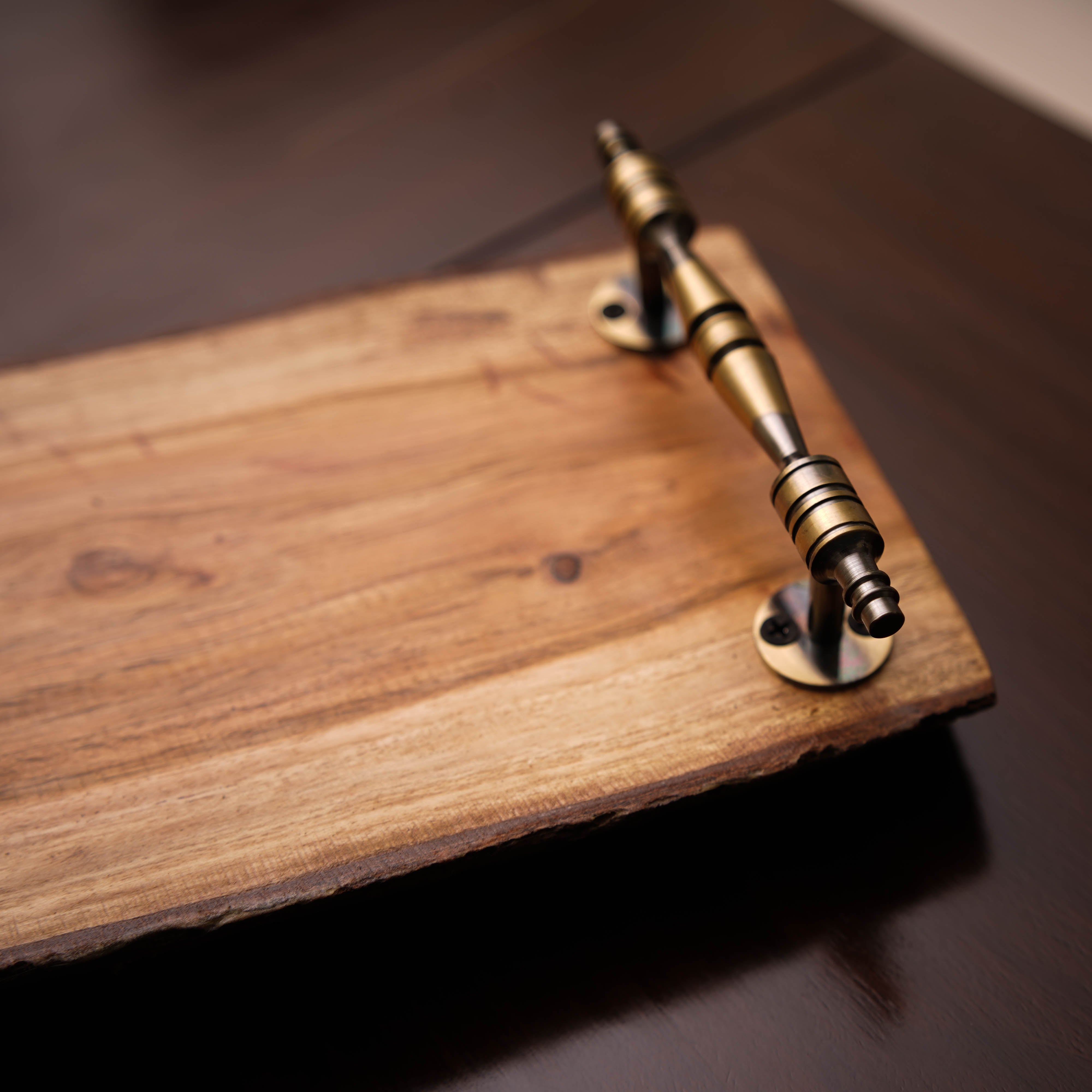 Rustic Live-Edge Wooden Serving Tray with Antique Metal Handles
