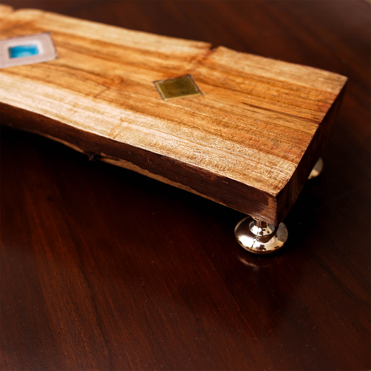 Rustic Wooden Tray with Colorful Glass Inlay & Metallic Stands