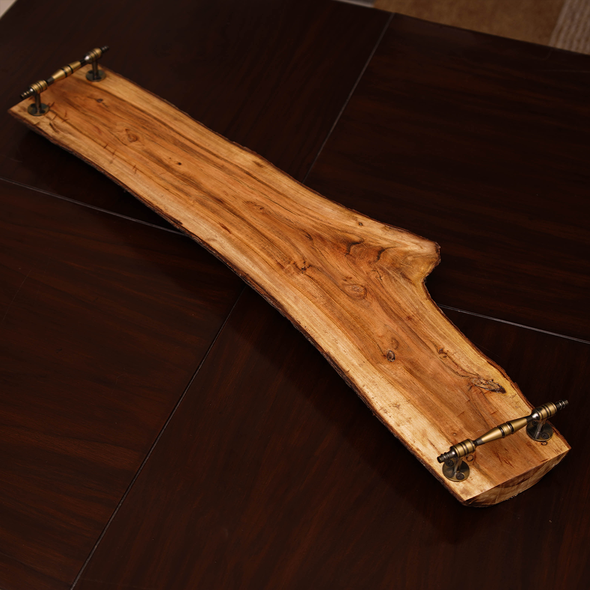 Rustic Live-Edge Wooden Serving Tray with Antique Metal Handles