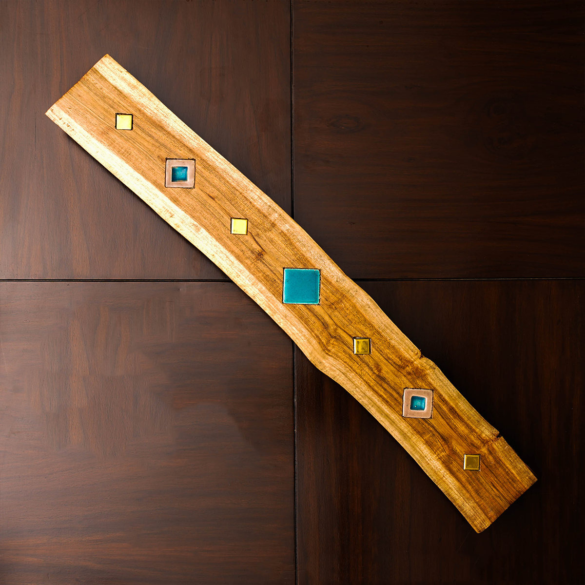 Rustic Wooden Tray with Colorful Glass Inlay & Metallic Stands