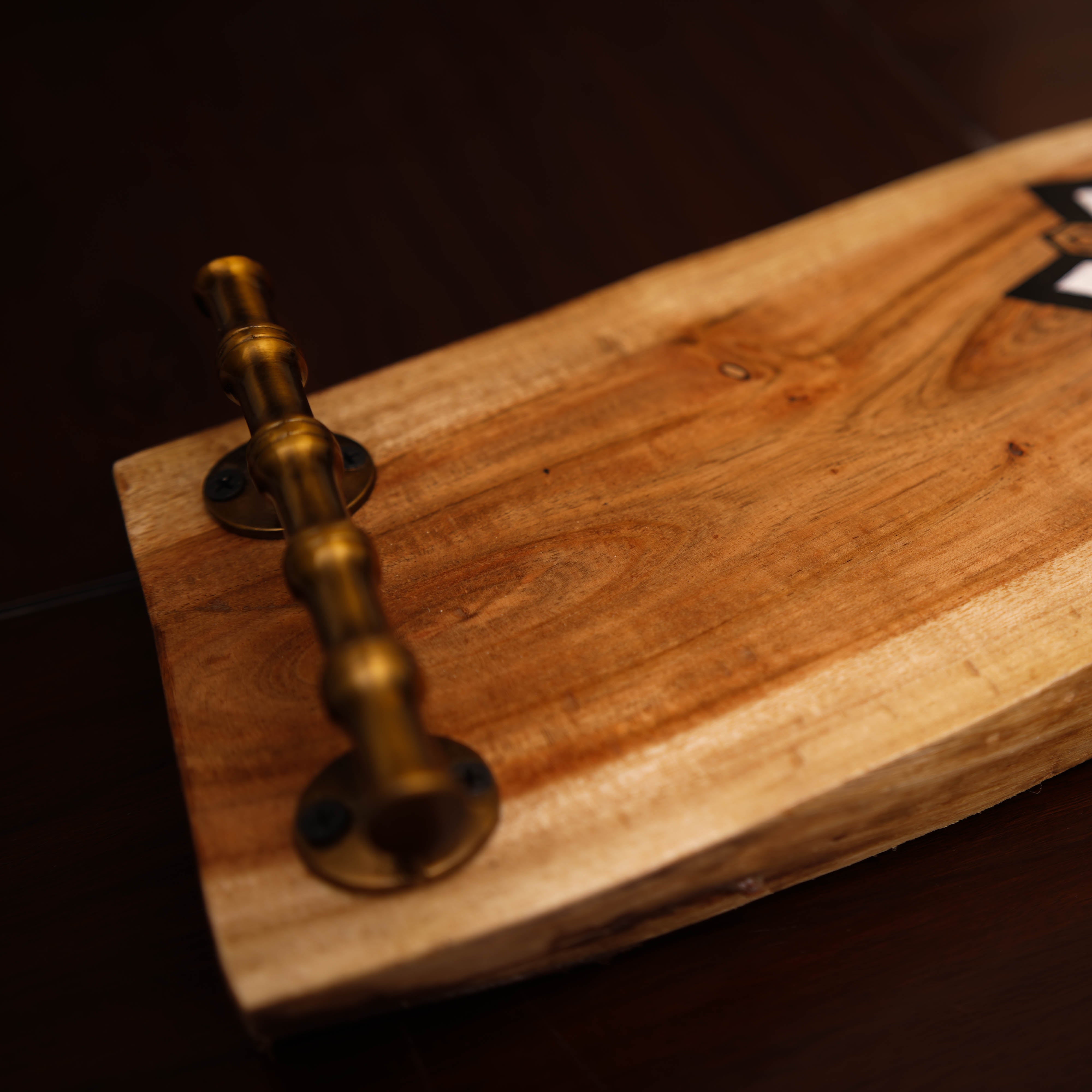 Geometric Hand-Painted Wooden Serving Tray with Brass Handles