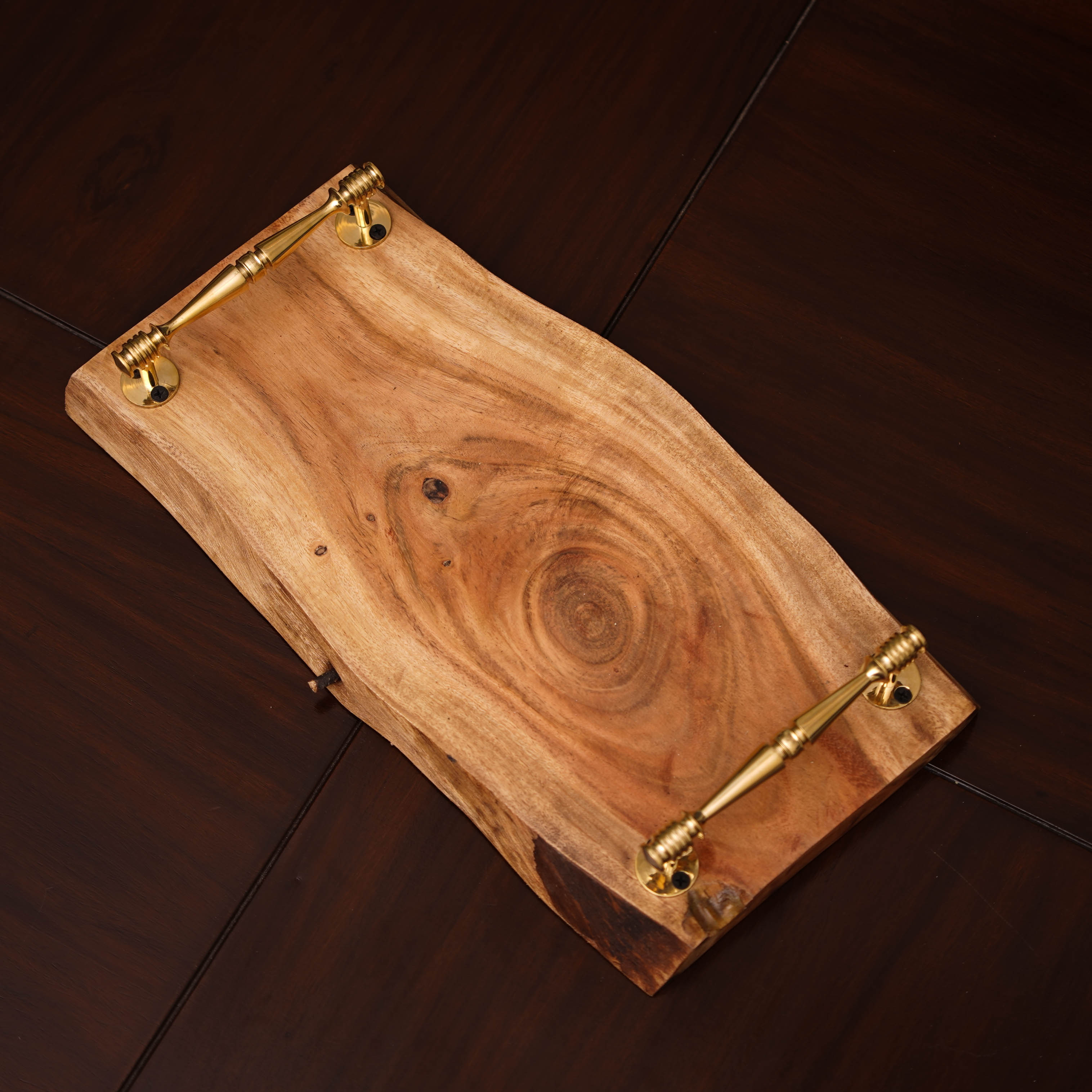 Rustic Wooden Serving Tray with Brass Handles