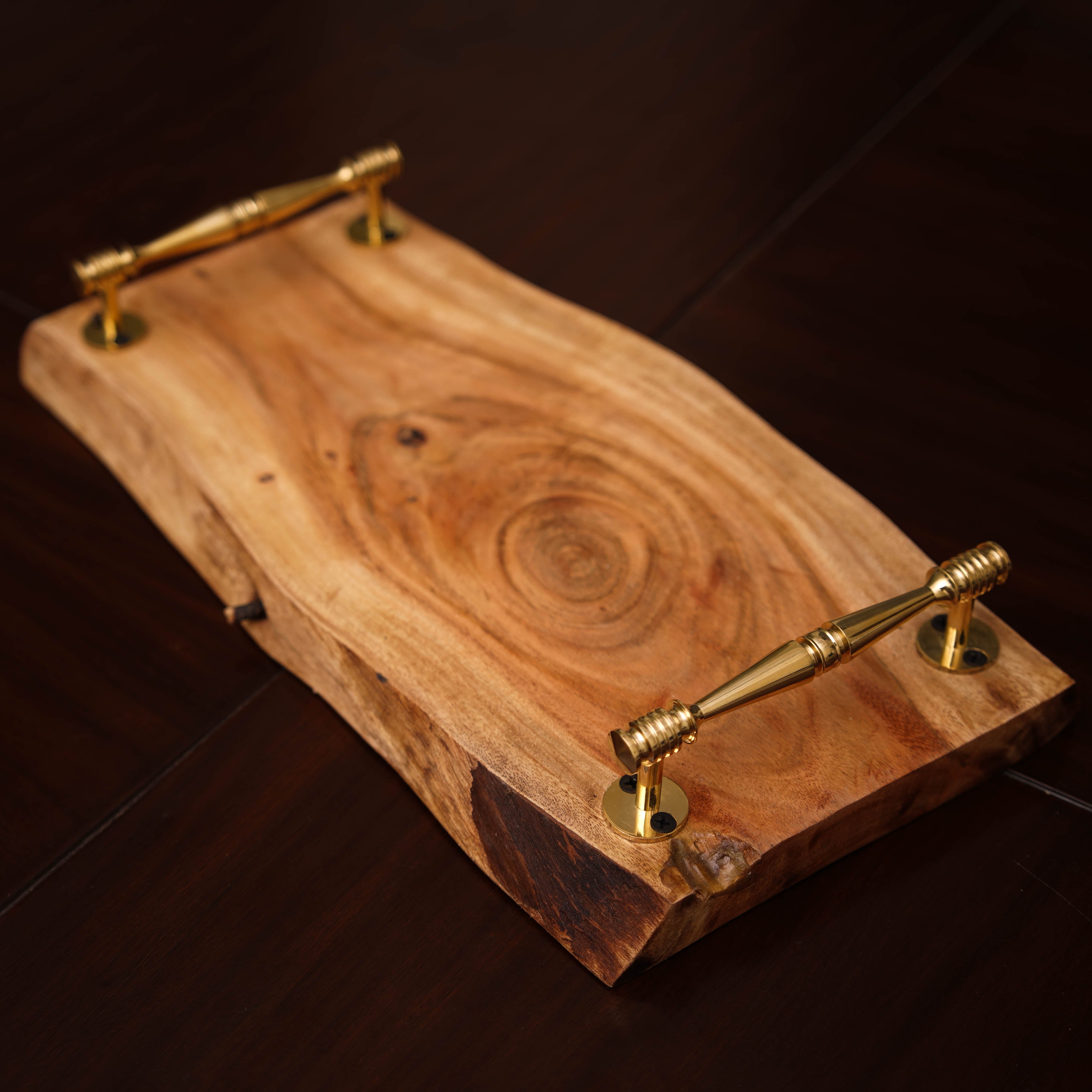 Rustic Wooden Serving Tray with Brass Handles