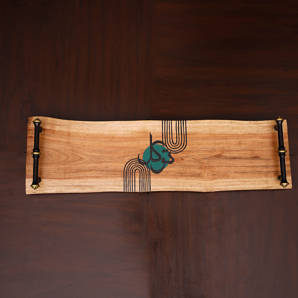 Hand-Painted Wooden Serving Tray with Black Handles (metal)