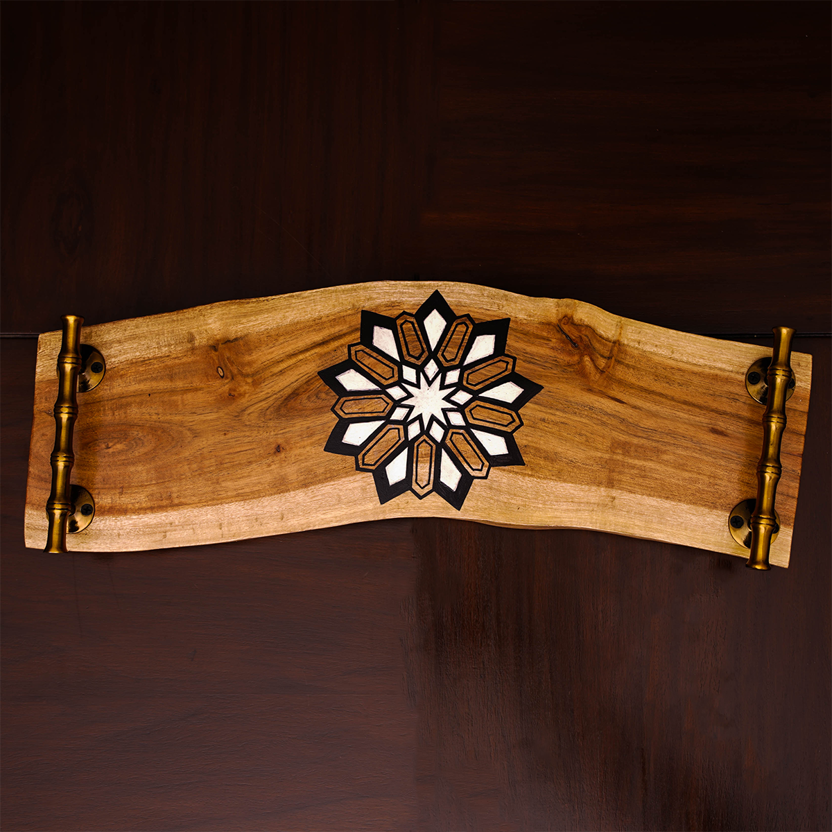 Geometric Hand-Painted Wooden Serving Tray with Brass Handles