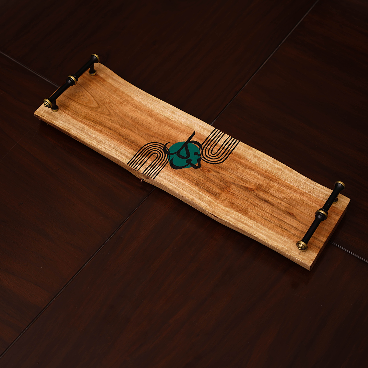 Hand-Painted Wooden Serving Tray with Black Handles (metal)