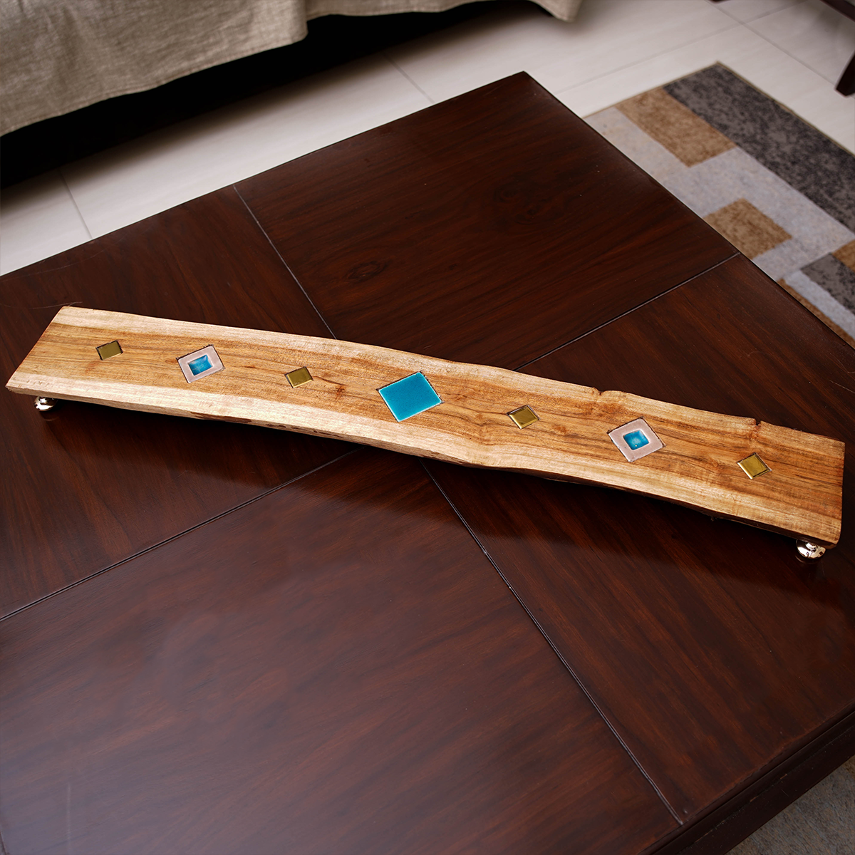 Rustic Wooden Tray with Colorful Glass Inlay & Metallic Stands