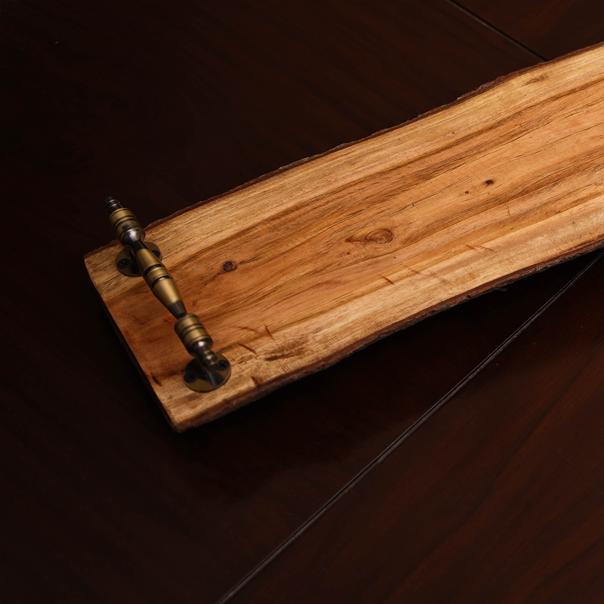 Rustic Live-Edge Wooden Serving Tray with Antique Metal Handles