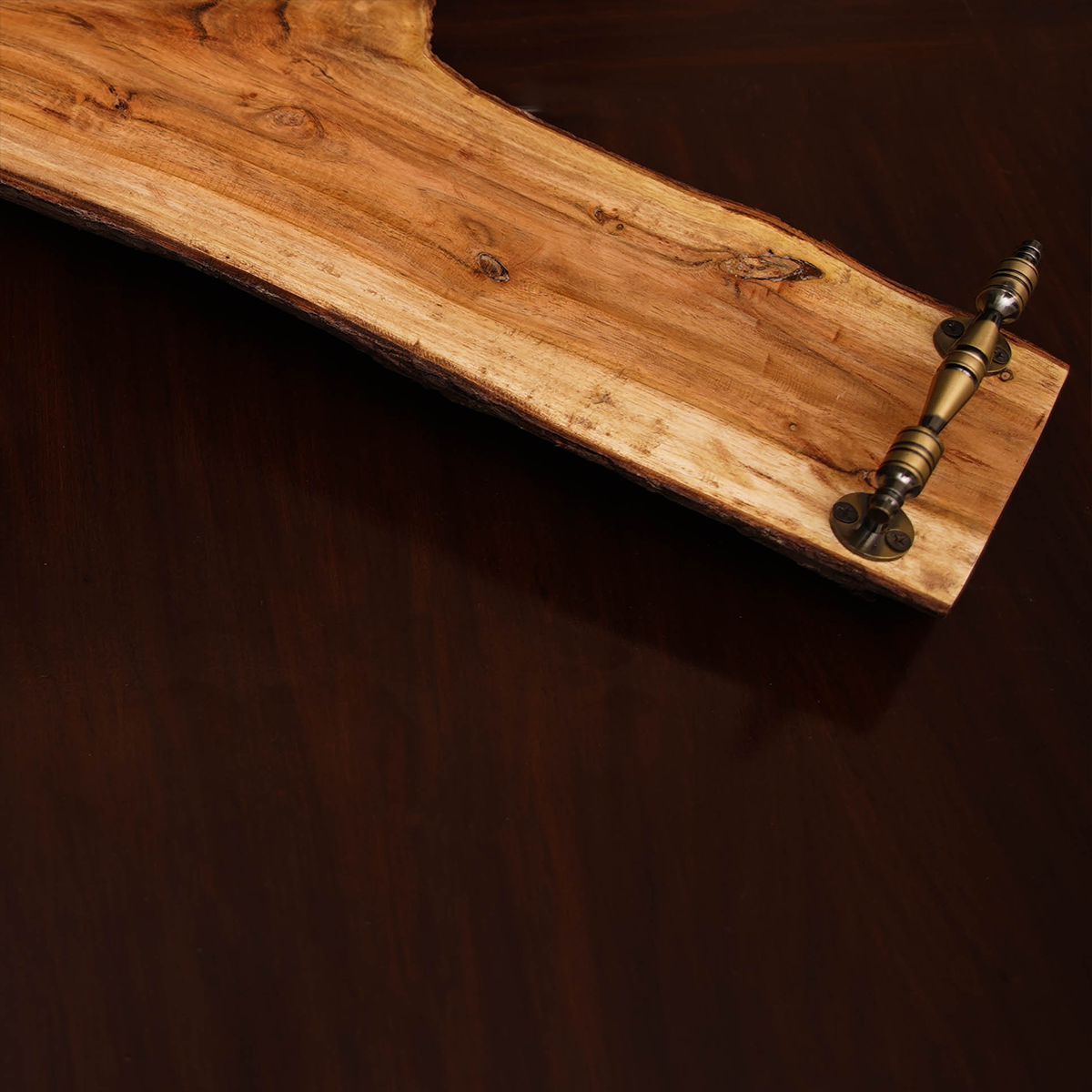 Rustic Live-Edge Wooden Serving Tray with Antique Metal Handles