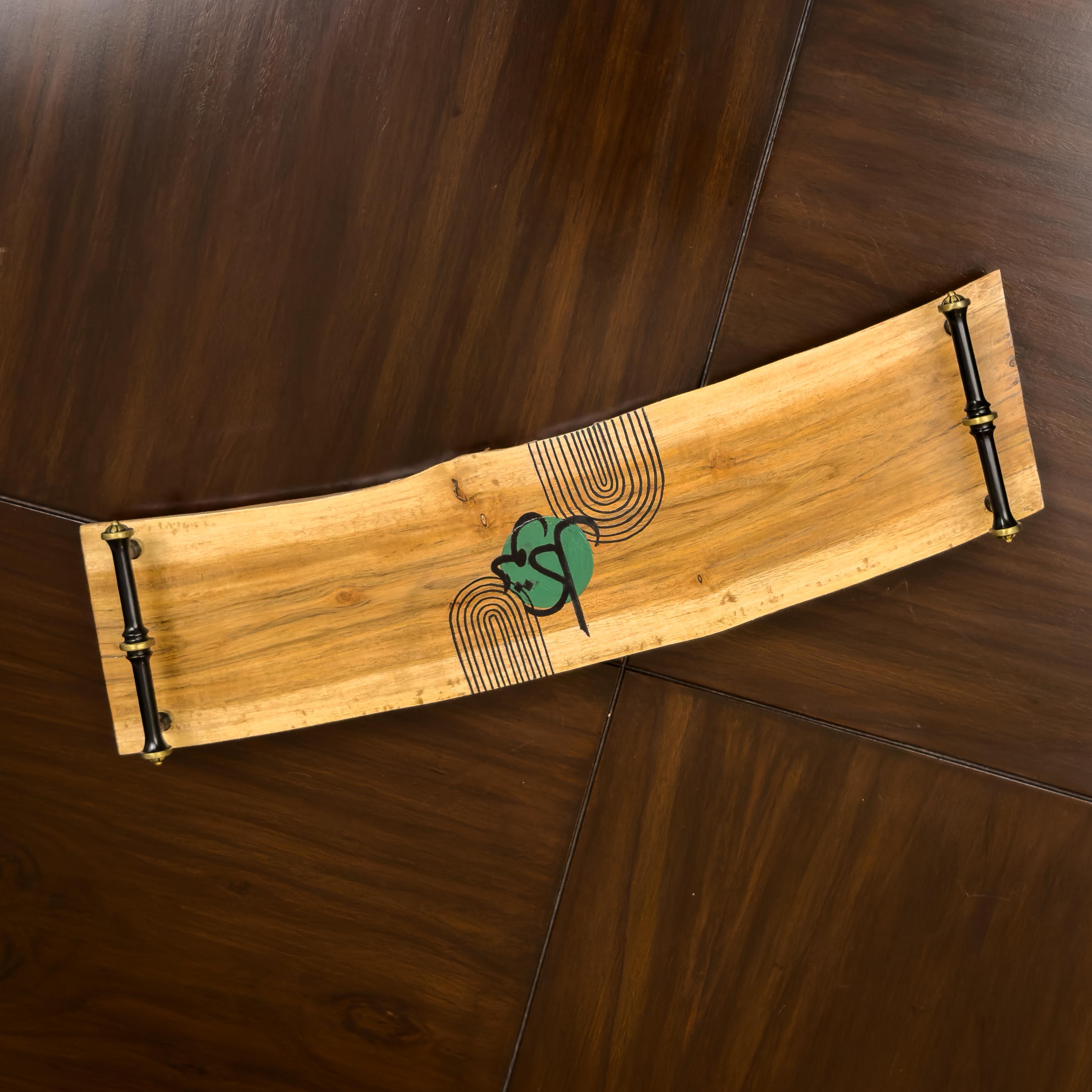 Hand-Painted Wooden Serving Tray with Black Handles (metal)